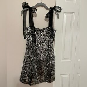 Silver Sequin Dress with Black Ribbon Straps